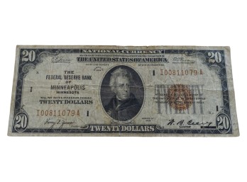 1929 $20 Federal Reserve Note Minneapolis Vintage Currency