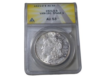 1921-D Denver Morgan Silver Dollar ANACS AU53 VAM-1B1 Stage 3