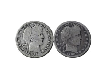 1915 D & 1908 O Barber Silver Quarters Lot