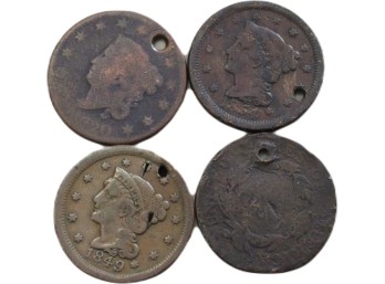 Lot Of 4 Vintage Liberty Head Large Cents (1849 & 1854) With Holes