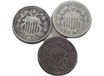 Three Vintage Shield Nickel S - 1866 And 1868 1869