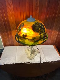 Lot 73-reverse Painted Glass Lamp. Shade Is 16in. Metal Base. See Pictires.