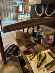 Lot 187- Work Bench & Contents Tools, Vintage Light, Drills, Vice Tool Bench-68Lx 29dx34h