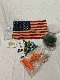 Lot Of Marbles With Vitro-agates Marble Bag Ans Small American Flag