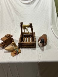Two Wooden Duck Decoys A Basket And Wooden Toy