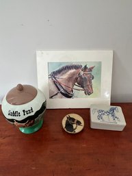 Lot 6 Horse Lot Signed Watercolor Alicia Barry, Piggy Bank And Trinket Boxes