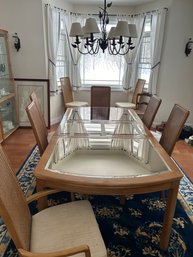 Lot 30- Glass Mid Century Dining Room Table With 8 Chairs.  Table Has Leaf With Damage To Glass