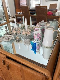 Lot 39-glass Candle Holders, Pewter Candle Holder, Glass Bird Snd Pitchers