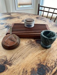 Lot 63-copper Pan With Horse Design, Serving Tray And Pestle And Mortar