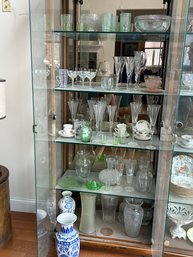 Lot 80-content Of Curio Cabinet, Depression Glass, Uranium Glass, And More