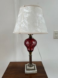 Lot 102- Etched Red Glass Lamp With Marble Base