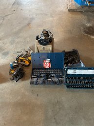 Lot 199- Tool Lot- Precision Forstener Bits, Tap And Die Set, Craftsman Router, Staplers And Sharpening Tool