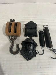 Lot 33-two New Match Safes, Wooden Pulley And Scales