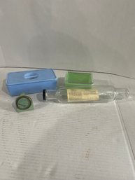 Lot 44-delphite/jadite Ref. Dishes, Glass Rolling Pin And Stove Thermometer