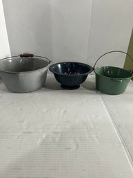 Lot 98-three Pieces Of Enamel Ware