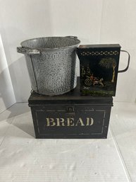 Lot 112-bread Box, Enamel Pot, And Tin Pitcher