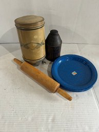 Lot 117-flour Sifter, Rolling Pin And Nee Enamel Plates