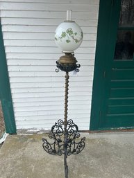 Lot 124- Piano Floor Lamp Duplex Dual Wick Cast And Wrought Iron Oil Lamp. C. 1875