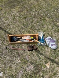 Lot 144- Wooden Tool Box, Gloves (womans) Vise, Pipe Wrench And More