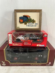 Lot 155-1995 Darrell Waltrip Die Cast Nascar Replica And 1953 Ford Pickup With Framed Art From 1980s