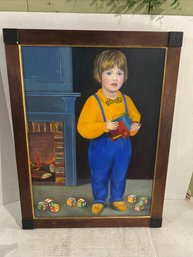Lot 9- Signed S.P. Painting On Canvas Of A Young Boy Holding A Toy Train. 26 By 34