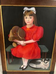 Lot 10- Signed S.P. Painting On Canvas Of Young Girl And Her Cat. 26 By 34