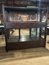 Lot 43- Antique Display Cabinet. Center Row Has Three Drawers. Bottom Drawer In One Large Drawer With Mirrror