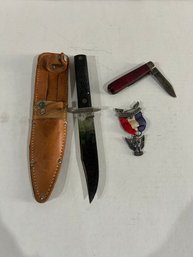 Lot 53- Imperial Knife With Bone Handle, Remington Pocket Knife, And Boy Scout Eagle Pin