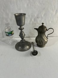 Lot 61- Pewter Goblet, Continental Pewter Pitcher And 18 Century Dog Nose Spoon