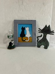 Lot 90- Cat Lot! Miniature Cast Iron Cat Door Stop, Newer Funky Cat Door Stop And Framed Cat Print