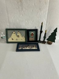 Lot 92- 3 Framed Winter Scene Prints. 2 Are Warren Kimble. Lot Comes With Wooden Holiday Decorations