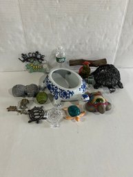 Lot 94- Lot Of Decorative Turtles. The Large Blue And White Turtle Is From Bombay Collection