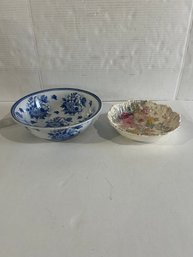 Lot 110- Antique Franz Anton Mehlem Floral And Gold Serving Bowl Snd Bluestone Bowl