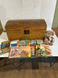 Lot 126- Antique Toy Chest With Childrens Books And Russ Teddy Bear.