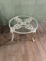 Lot 169- Vintage Victorian Style Cast Iron Garden Patio Table With Glass Top. 29 1/2w, 15 1/2h