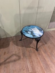 Lot 177- Small Round Metal Accent Table With Glass Top Protecting Completed Cat Puzzle. 21wx15h