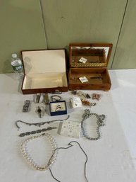 Lot 192- Lot Of Costume Jewelry, Pocket Watched And Pins With Two Jewelry Boxes