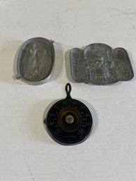 Lot 210- Fun Lot! Vintage Cooper Skillet Kitchen Thermometer, Risque Pewter Dish And Naughty Ash Tray