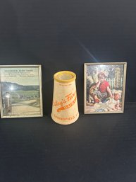 Lot 237- Two Early Denardos Dairy Farm Thermometers Rutland VT And A Esteys Farm Paper Half Pint