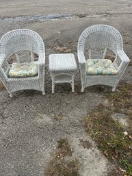 Lot 254- Two White Wicker Chairs And Side Table