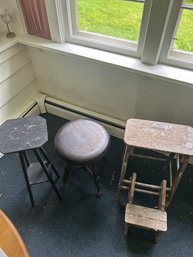 Lot 8- Folding Wooden Step Stool, Victorian Era Piano Stool And Black Painted Two-tier Plant Stand