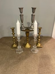 Lot 55- Collection Of Candle Sticks Including Brass, Pewter Snd Crystal