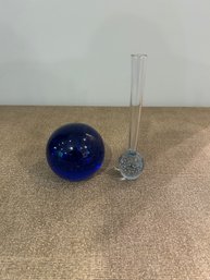 Lot 62- Cobalt Blue Glass Paperweight With Controlled Bubbles And Hand Blown Vase
