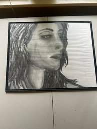 Lot 90- Black And White Charcoal Drawing Of A Womans Profile 20x16