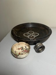 Lot 18- Decorative Wooden Bowl With In-lay, Napkin Holder Marked 800. And Oriental Bowl