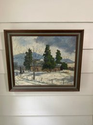 Lot 3- Vintage Oil On Board Painting Depicting A Snowy Landscape With Rustic Barn. Signed Arthur Brown