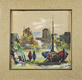 Signed Illegible Oil On Laid Canvas - Harbor Scene