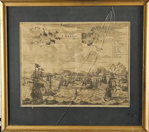 Antique Engraving Of 17th Century Naval Battle