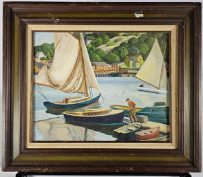 Unsigned Oil Of Canvas - Boats On The Dock