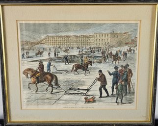 Vintage Color Print Of Ice Harvesting On The Hudson River